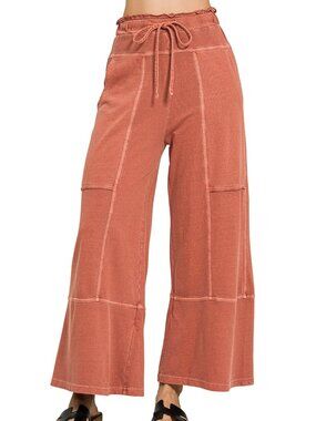 Zenana Outfitters Wide Leg Patchwork Pants in Rust